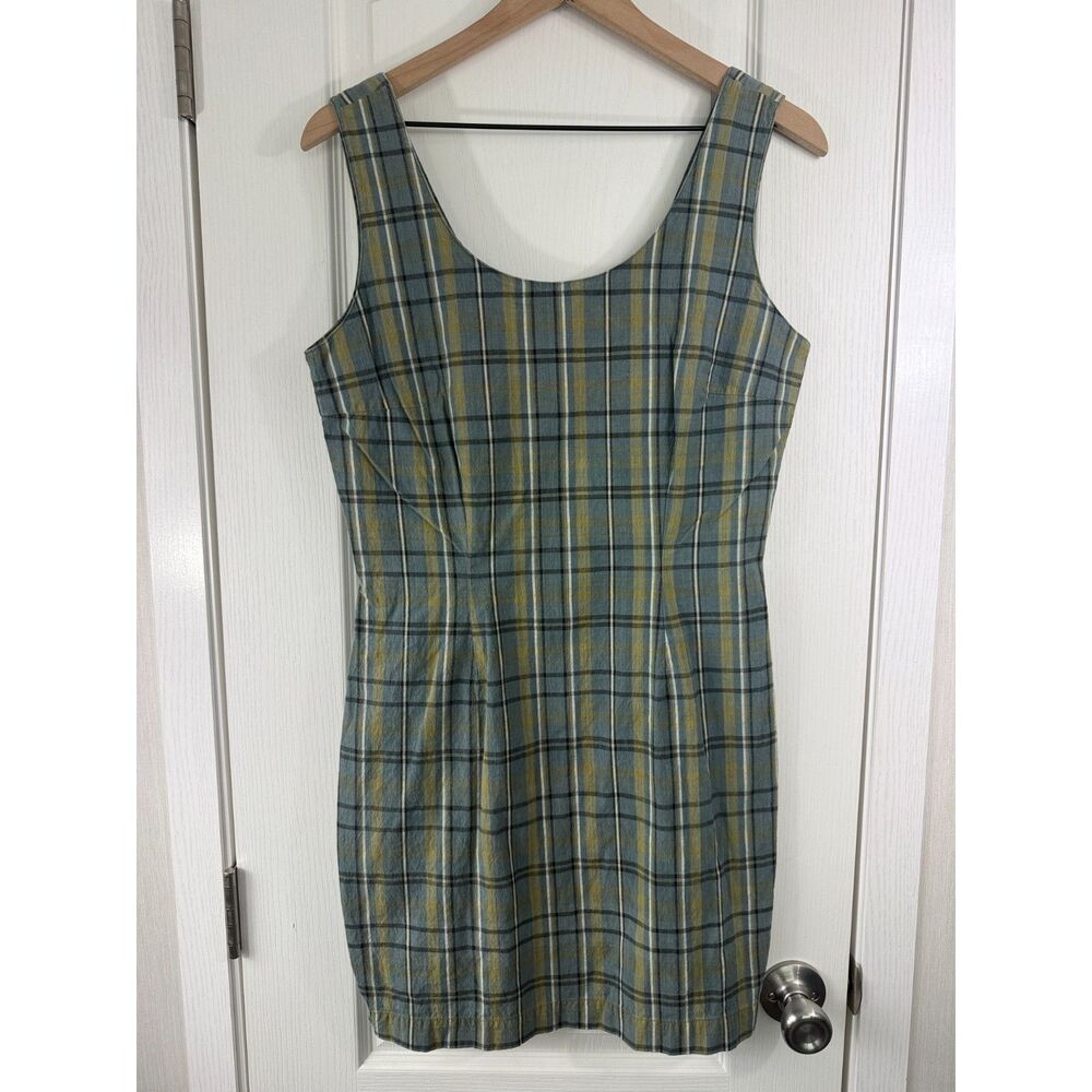 Vintage GAP Plaid Dress Womens 10 Green Blue Cotton Sleeveless Back Zip 90s y2k